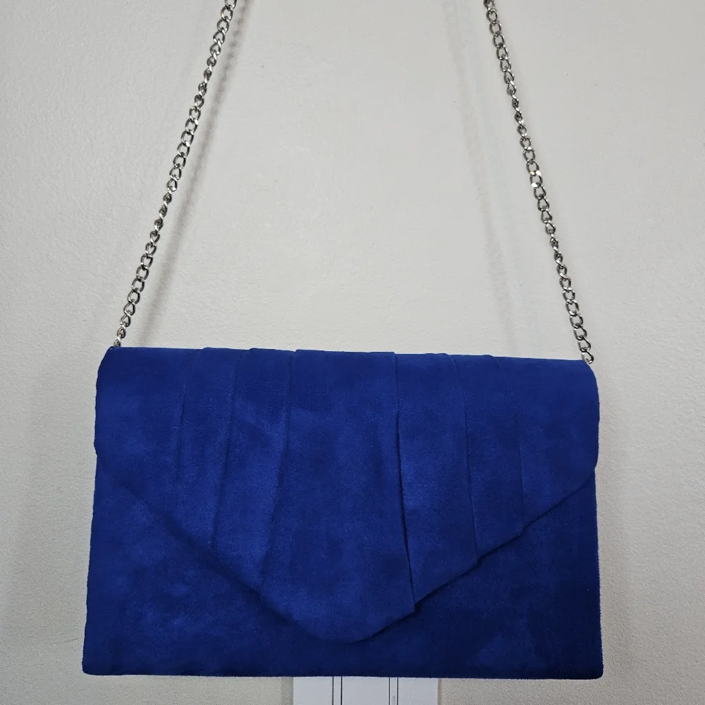 Women's Evening Bag Pleated Envelope Clutch Royal Blue Silver Chain